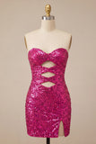 Sparkly Pink Sequin Keyhole Tight Short Homecoming Dress with Slit