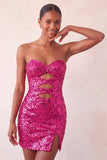 Sparkly Pink Sequin Keyhole Tight Short Homecoming Dress with Slit