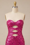 Sparkly Pink Sequin Keyhole Tight Short Homecoming Dress with Slit