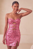 Sparkly Pink Sequin Keyhole Tight Short Homecoming Dress with Slit