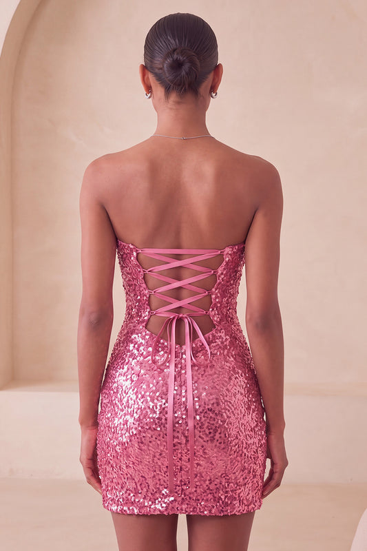 Sparkly Pink Sequin Keyhole Tight Short Homecoming Dress with Slit