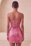 Sparkly Pink Sequin Keyhole Tight Short Homecoming Dress with Slit