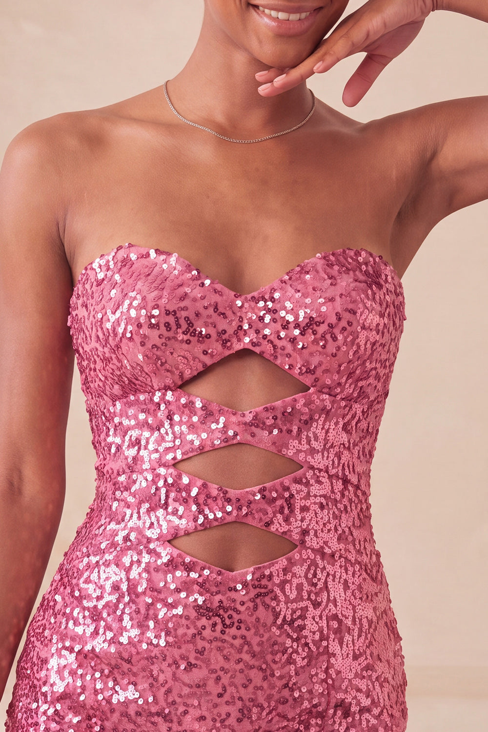 Sparkly Pink Sequin Keyhole Tight Short Homecoming Dress with Slit