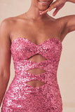 Sparkly Pink Sequin Keyhole Tight Short Homecoming Dress with Slit