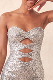 Sparkly Pink Sequin Keyhole Tight Short Homecoming Dress with Slit