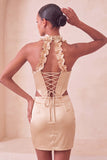 Champagne Corset Ruffled Beaded Halter Tight Short Homecoming Dress
