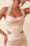 Champagne Corset Ruffled Beaded Halter Tight Short Homecoming Dress