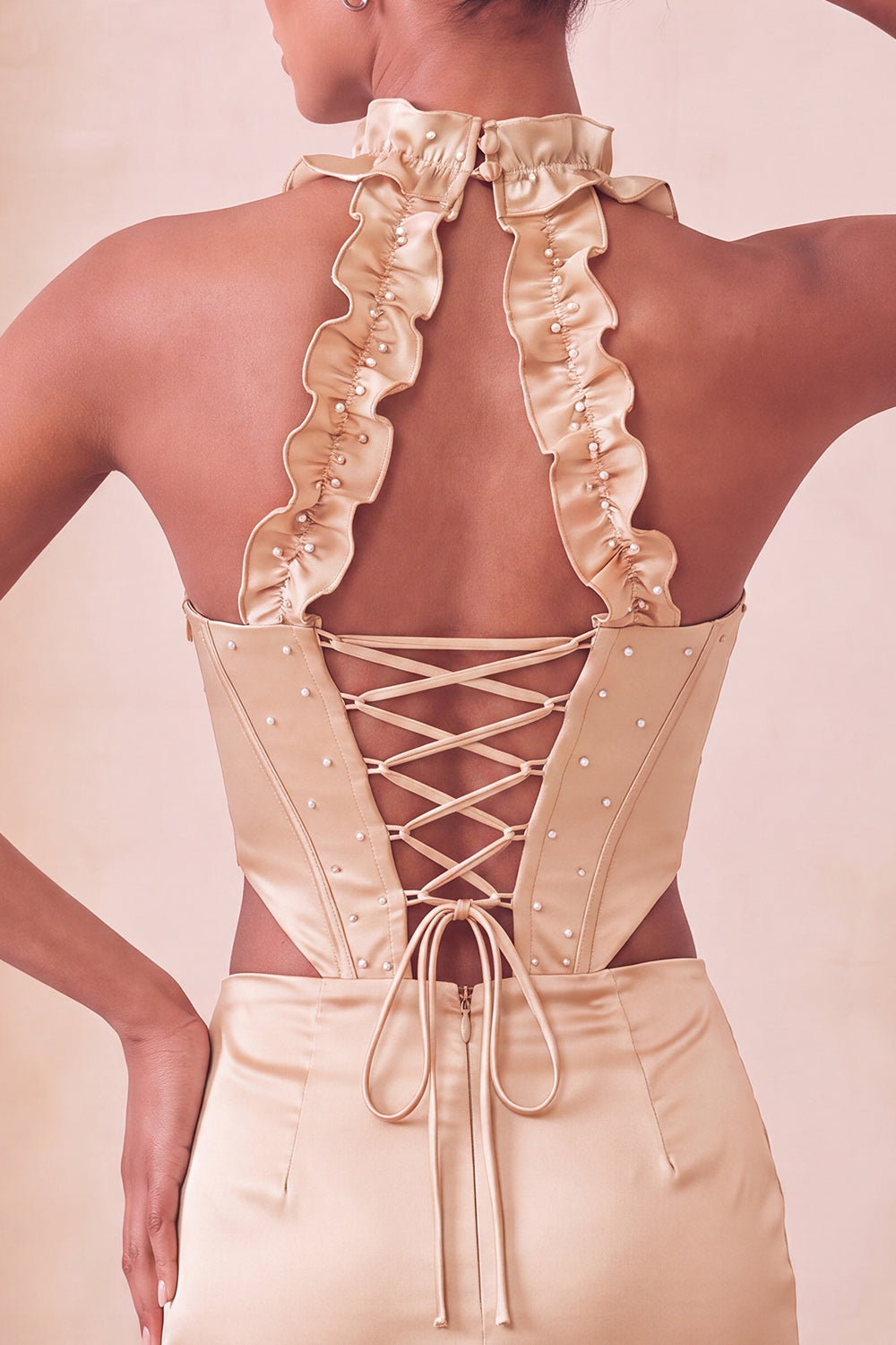 Champagne Corset Ruffled Beaded Halter Tight Short Homecoming Dress