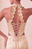 Champagne Corset Ruffled Beaded Halter Tight Short Homecoming Dress