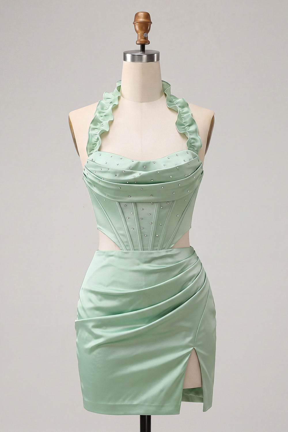 Champagne Corset Ruffled Beaded Halter Tight Short Homecoming Dress