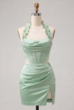Champagne Corset Ruffled Beaded Halter Tight Short Homecoming Dress