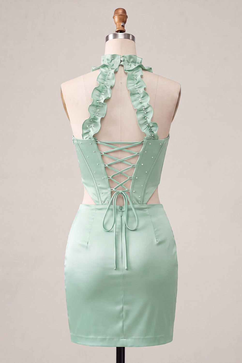 Champagne Corset Ruffled Beaded Halter Tight Short Homecoming Dress