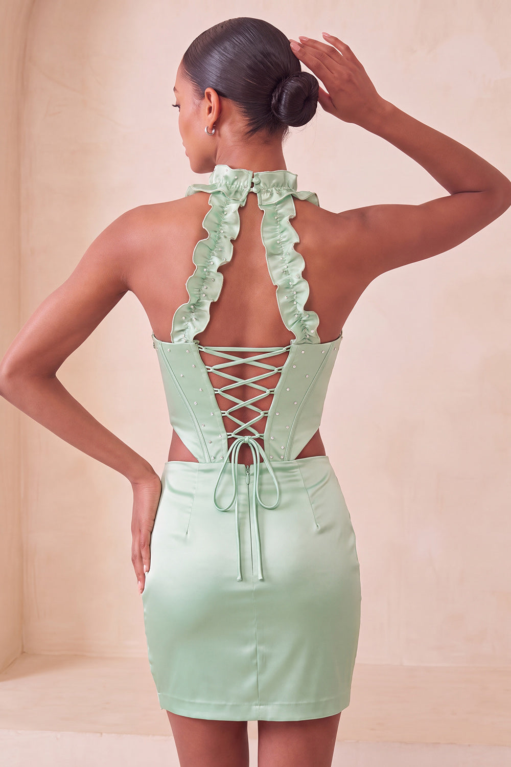 Champagne Corset Ruffled Beaded Halter Tight Short Homecoming Dress