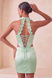 Champagne Corset Ruffled Beaded Halter Tight Short Homecoming Dress