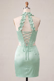 Champagne Corset Ruffled Beaded Halter Tight Short Homecoming Dress