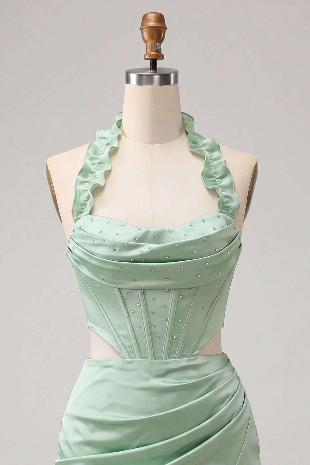 Champagne Corset Ruffled Beaded Halter Tight Short Homecoming Dress