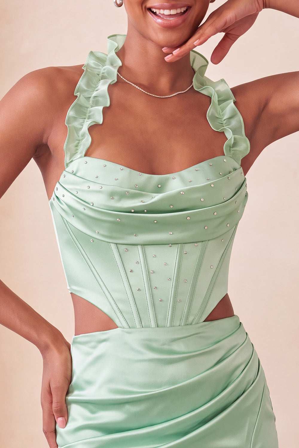 Champagne Corset Ruffled Beaded Halter Tight Short Homecoming Dress