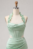 Champagne Corset Ruffled Beaded Halter Tight Short Homecoming Dress