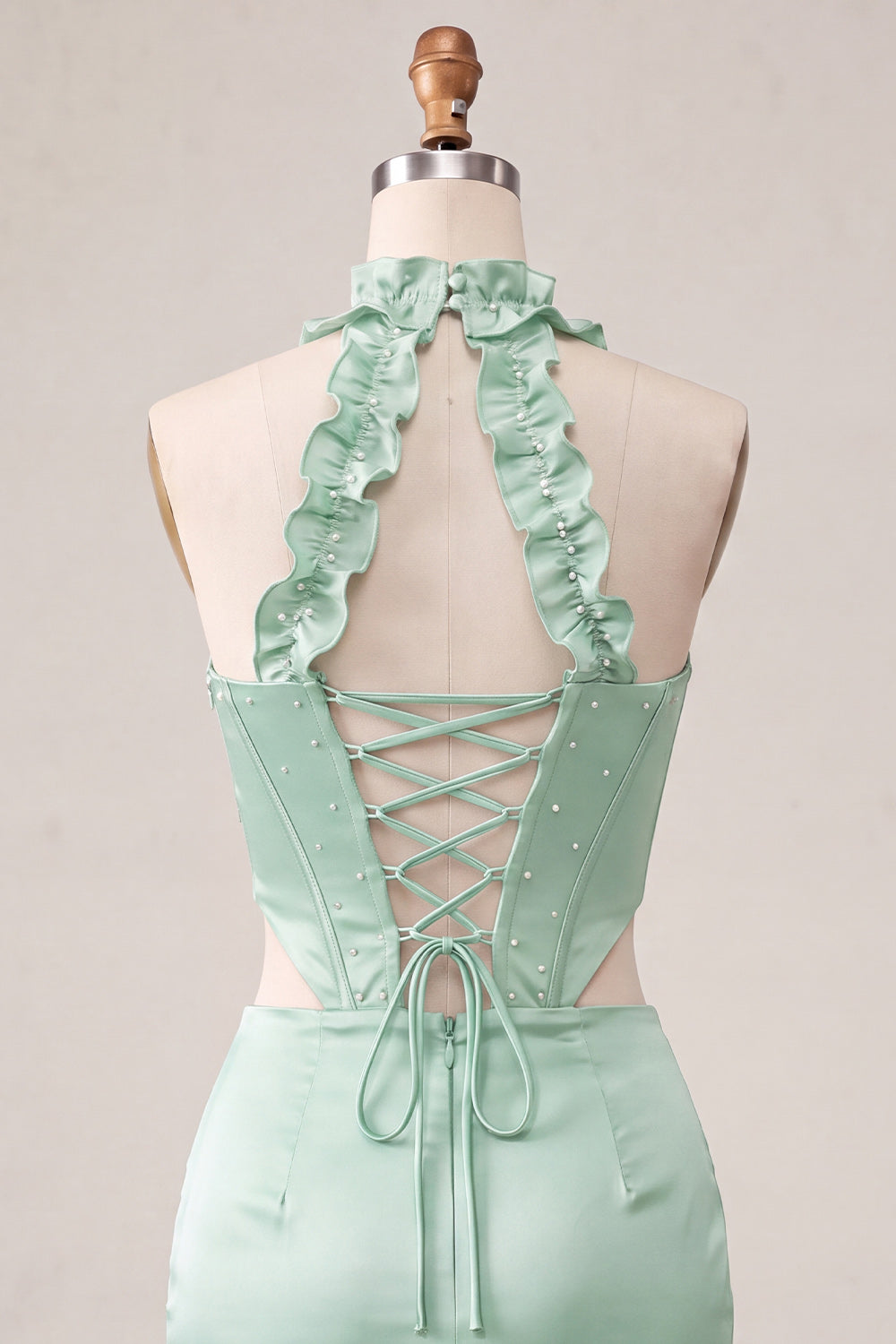 Champagne Corset Ruffled Beaded Halter Tight Short Homecoming Dress