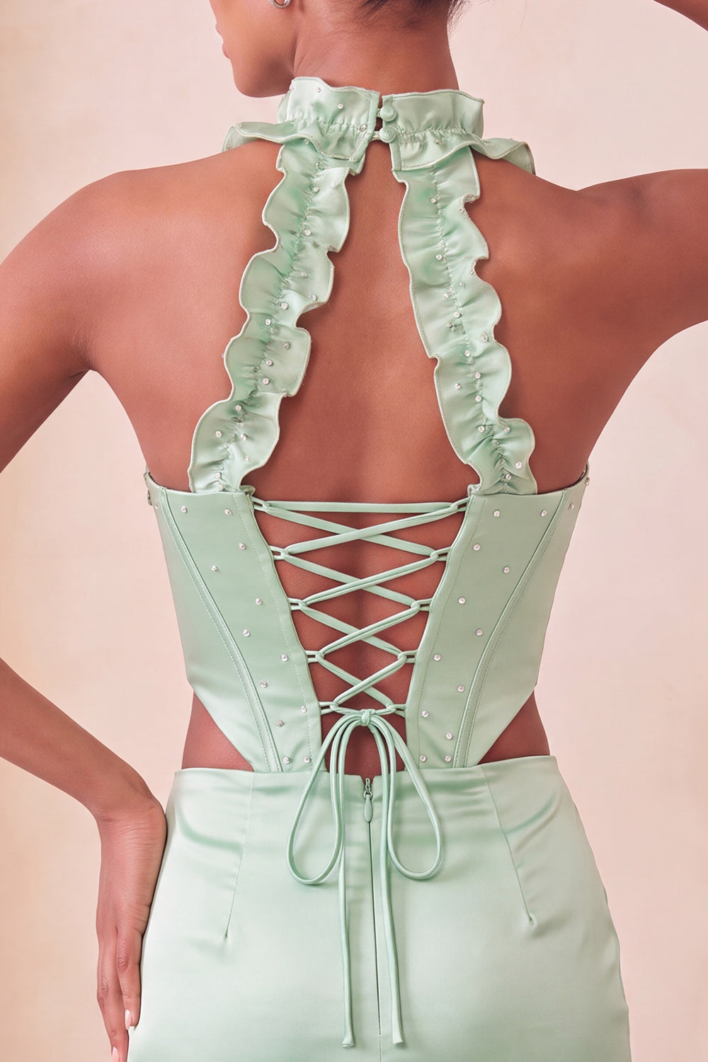 Champagne Corset Ruffled Beaded Halter Tight Short Homecoming Dress