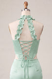 Champagne Corset Ruffled Beaded Halter Tight Short Homecoming Dress