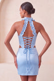 Champagne Corset Ruffled Beaded Halter Tight Short Homecoming Dress