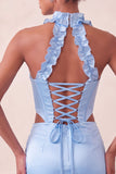 Champagne Corset Ruffled Beaded Halter Tight Short Homecoming Dress