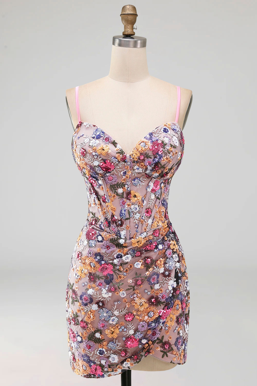 Sparkly Floral Pink Sequin Corset Tight Short Homecoming Dress