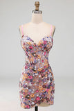 Sparkly Floral Pink Sequin Corset Tight Short Homecoming Dress