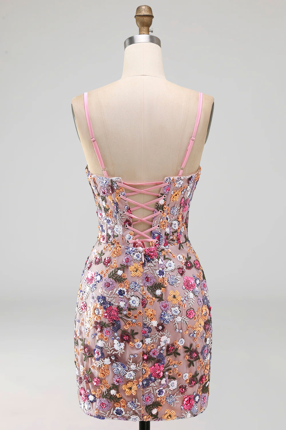 Sparkly Floral Pink Sequin Corset Tight Short Homecoming Dress