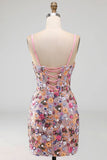 Sparkly Floral Pink Sequin Corset Tight Short Homecoming Dress