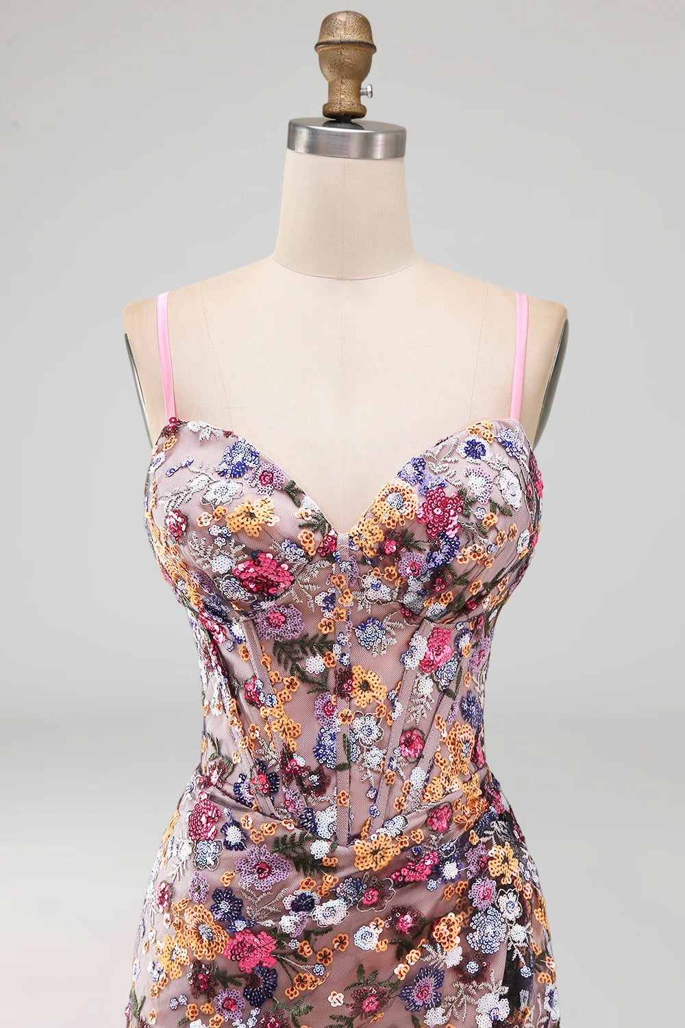Sparkly Floral Pink Sequin Corset Tight Short Homecoming Dress