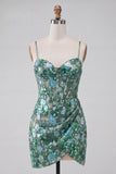 Sparkly Floral Pink Sequin Corset Tight Short Homecoming Dress