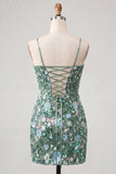 Sparkly Floral Pink Sequin Corset Tight Short Homecoming Dress