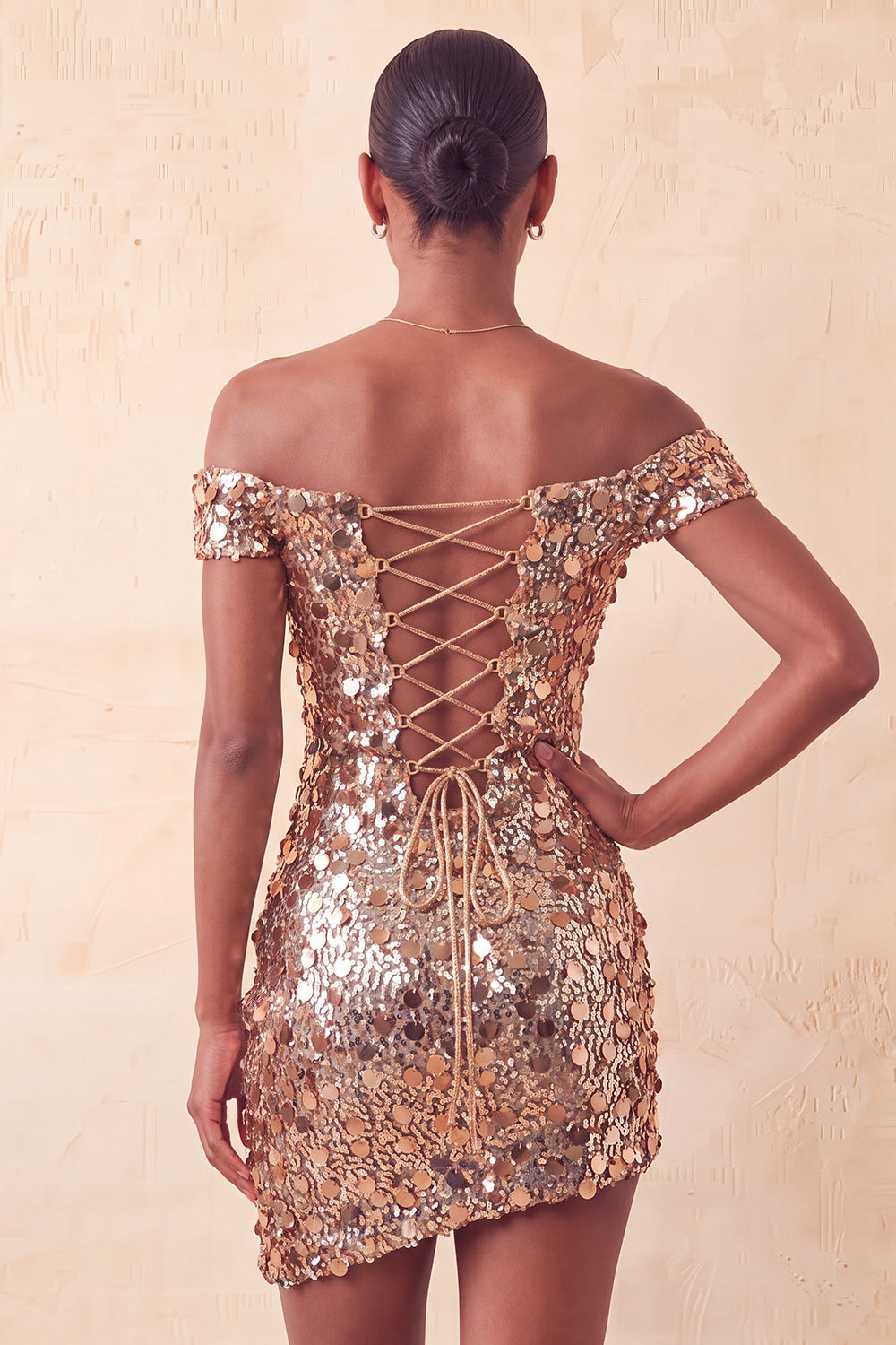 Sparkly Champagne Sequin Off The Shoulder Short Tight Homecoming Dress