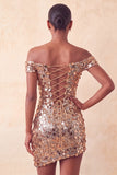 Sparkly Champagne Sequin Off The Shoulder Short Tight Homecoming Dress