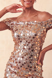 Sparkly Champagne Sequin Off The Shoulder Short Tight Homecoming Dress