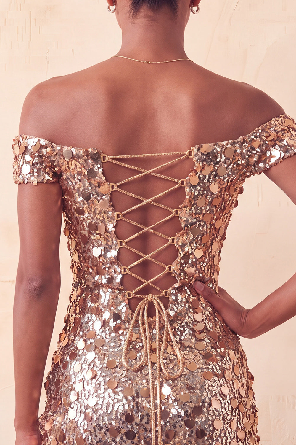 Sparkly Champagne Sequin Off The Shoulder Short Tight Homecoming Dress