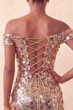 Sparkly Champagne Sequin Off The Shoulder Short Tight Homecoming Dress