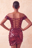 Sparkly Champagne Sequin Off The Shoulder Short Tight Homecoming Dress