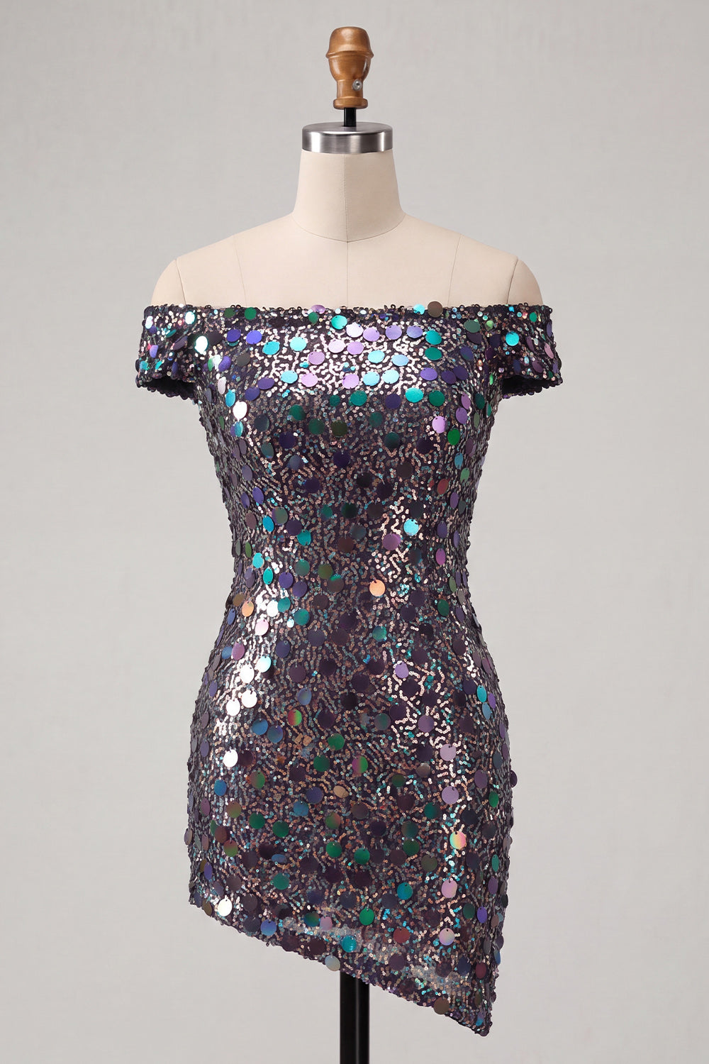 Sparkly Champagne Sequin Off The Shoulder Short Tight Homecoming Dress