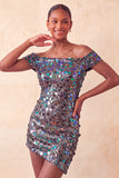 Sparkly Champagne Sequin Off The Shoulder Short Tight Homecoming Dress