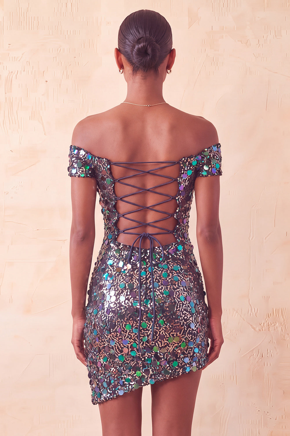 Sparkly Champagne Sequin Off The Shoulder Short Tight Homecoming Dress