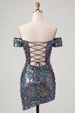 Sparkly Champagne Sequin Off The Shoulder Short Tight Homecoming Dress