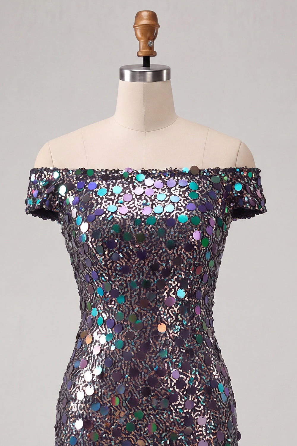 Sparkly Champagne Sequin Off The Shoulder Short Tight Homecoming Dress