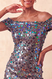 Sparkly Champagne Sequin Off The Shoulder Short Tight Homecoming Dress