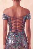 Sparkly Champagne Sequin Off The Shoulder Short Tight Homecoming Dress