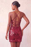 Sparkly Red Sequin Spaghetti Straps Tight Short Homecoming Dress