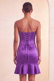 Purple Satin Beaded Ruffled Tight Short Corset Homecoming Dress
