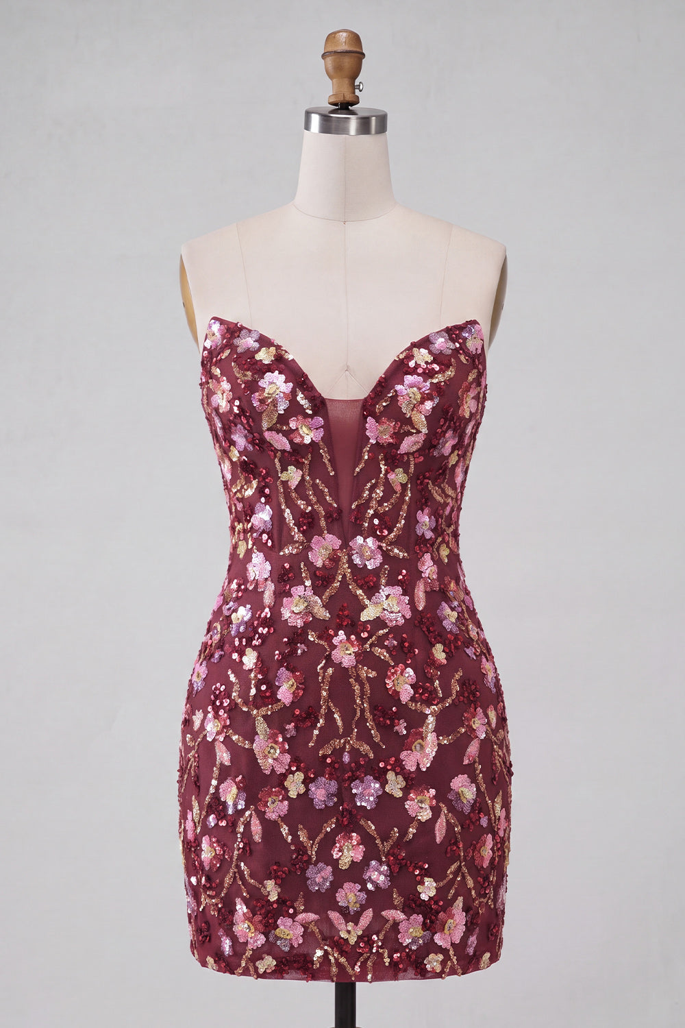 Sparkly Floral Pink Corset Sequin Tight Short Homecoming Dress